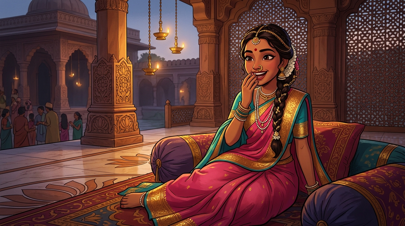 Prabhavati sitting on the bolsters, laughing in wonder at the brilliant poetic justice