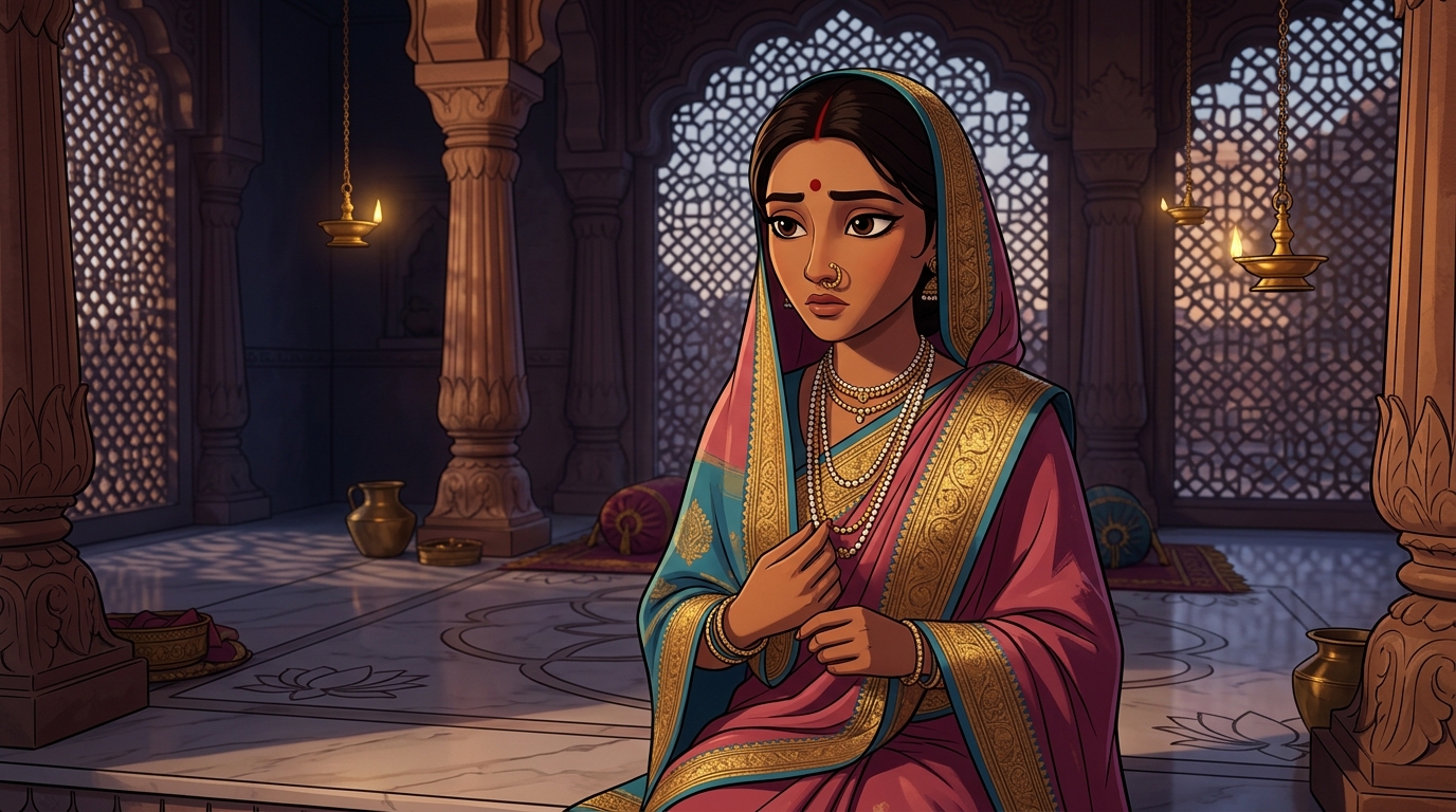 Prabhavati deep in introspection, realizing that the prince's promises are as hollow as iron-eating mice