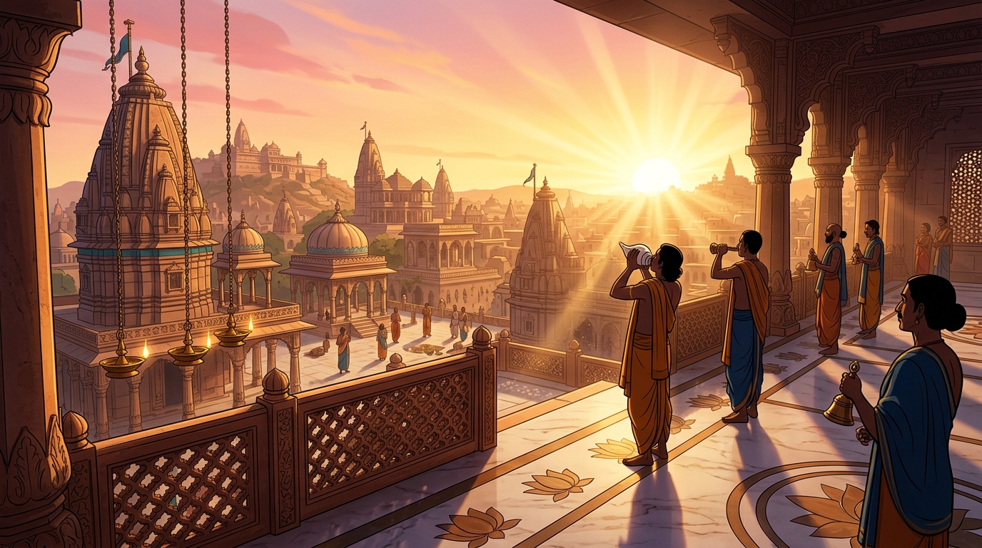 Golden dawn sunlight flooding across the Chandravati skyline as temple conches sound