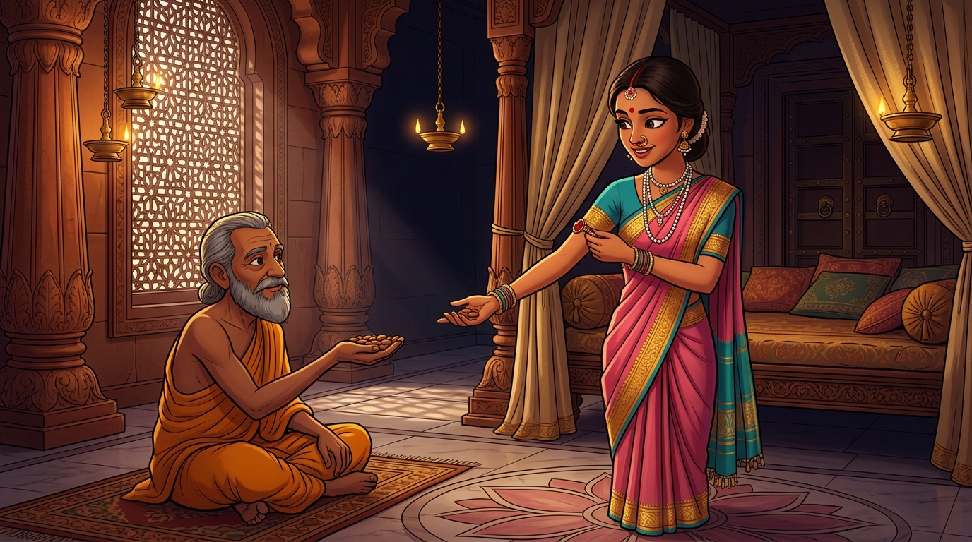 Prabhavati removing the ruby armlet, giving Shuka sweet almonds with deep gratitude, retreating