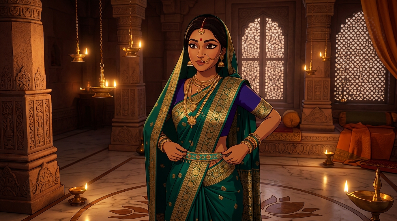 Prabhavati in peacock-emerald silk fastening the turquoise waistband around her waist by candlelight