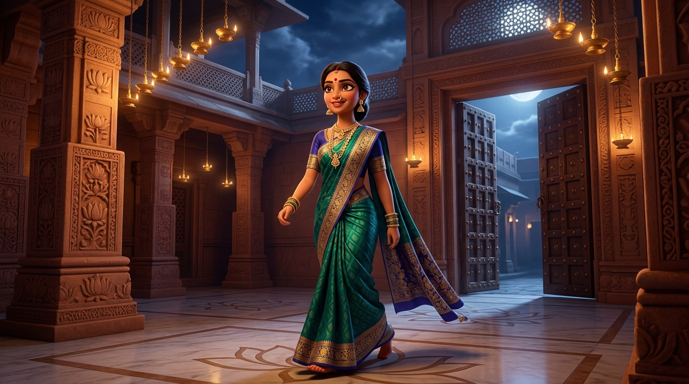 Prabhavati walking toward the courtyard gate with swift, confident steps under the moonlit sky