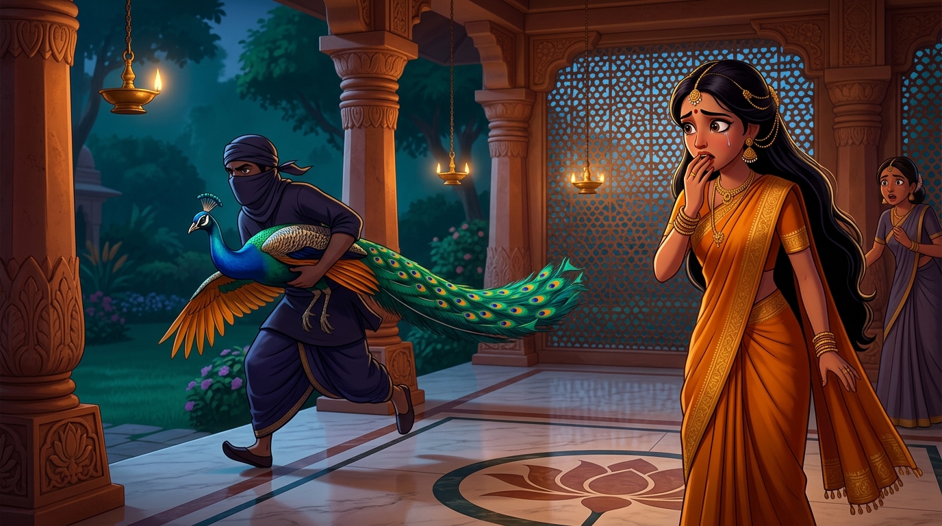 In ancient Magadha, Queen Padmavati's magnificent sapphire and emerald peacock stolen from the garden