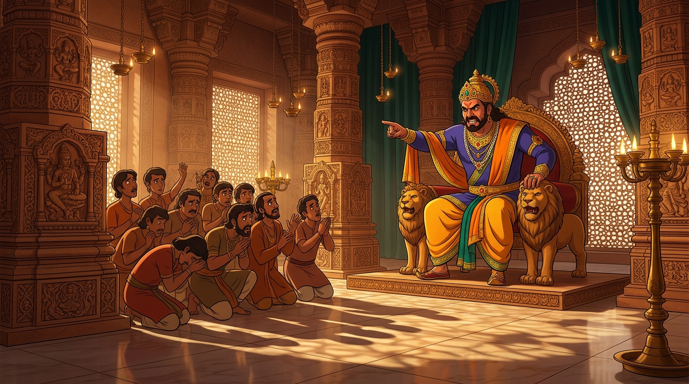 King Virabhadra sitting angrily on his throne, threatening twelve palace servants with torture