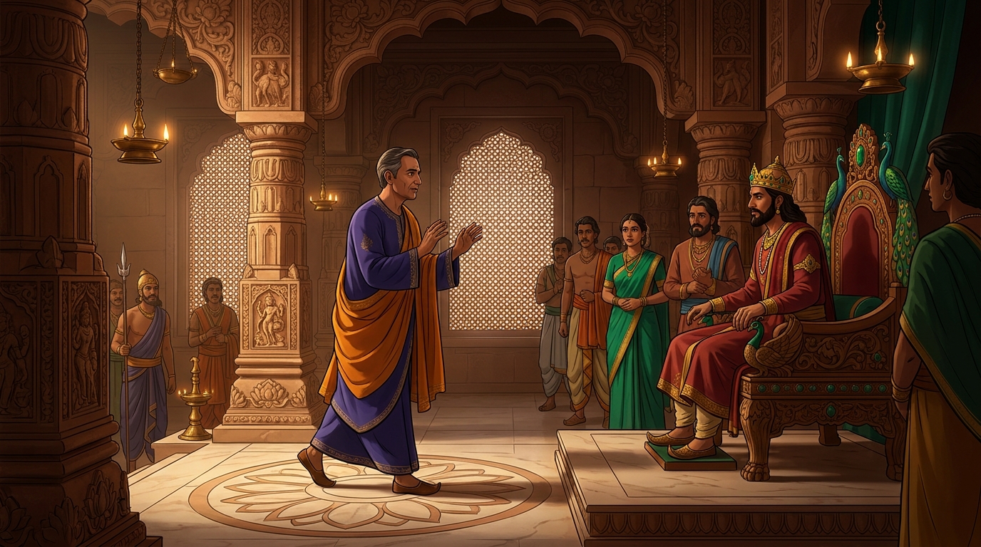 Wise Minister Sumati stepping forward with calm dignity before the King