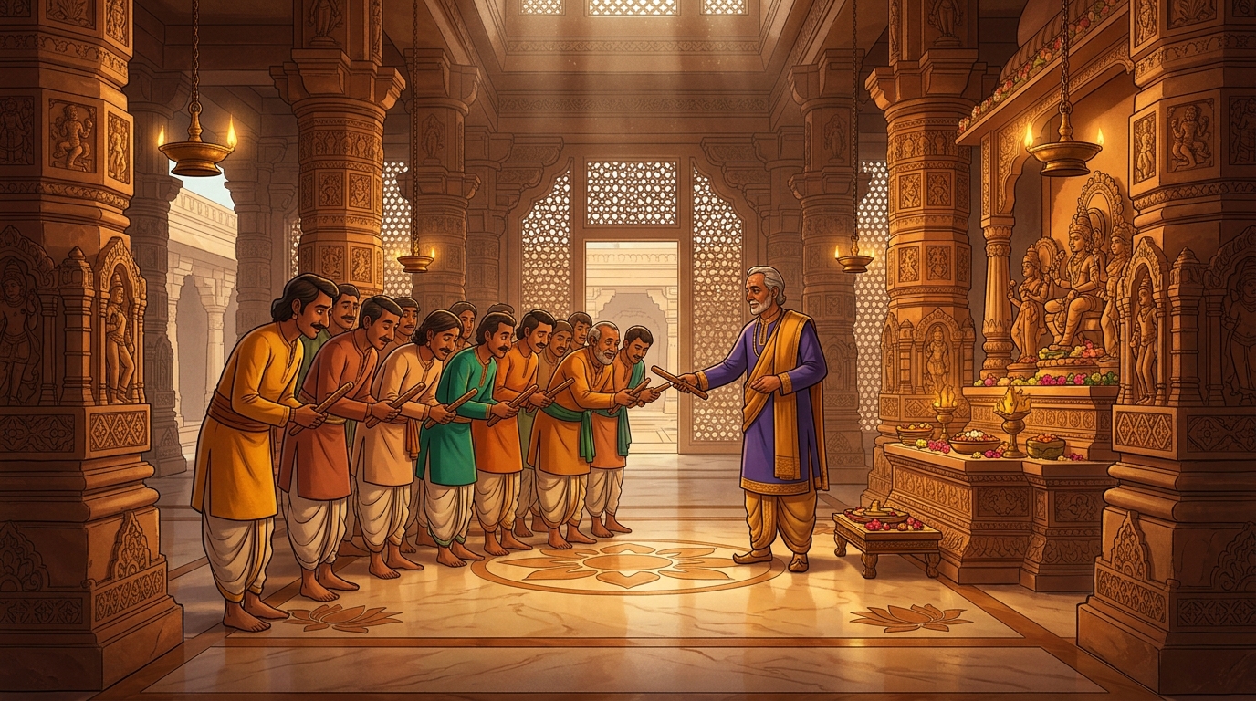 Minister Sumati handing each of the twelve servants an identical ten-inch sandalwood stick
