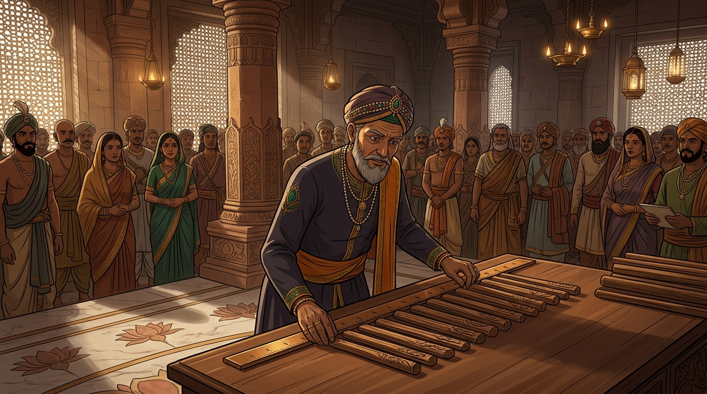 Next morning in the crowded court, Minister Sumati measuring all twelve sticks against a ruler