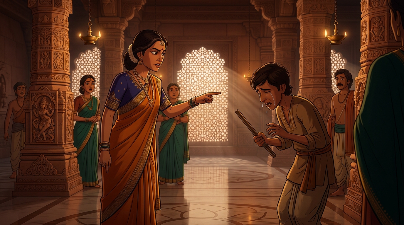 Sumati pointing at the trembling servant, the thief weeping and confessing