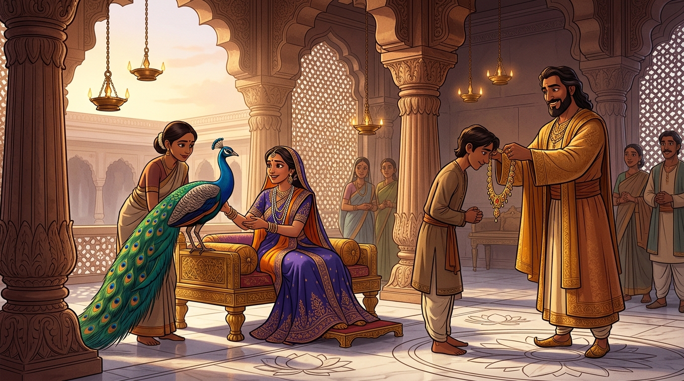 The unharmed sapphire peacock returned to the Queen, the King honoring Sumati with a gold necklace