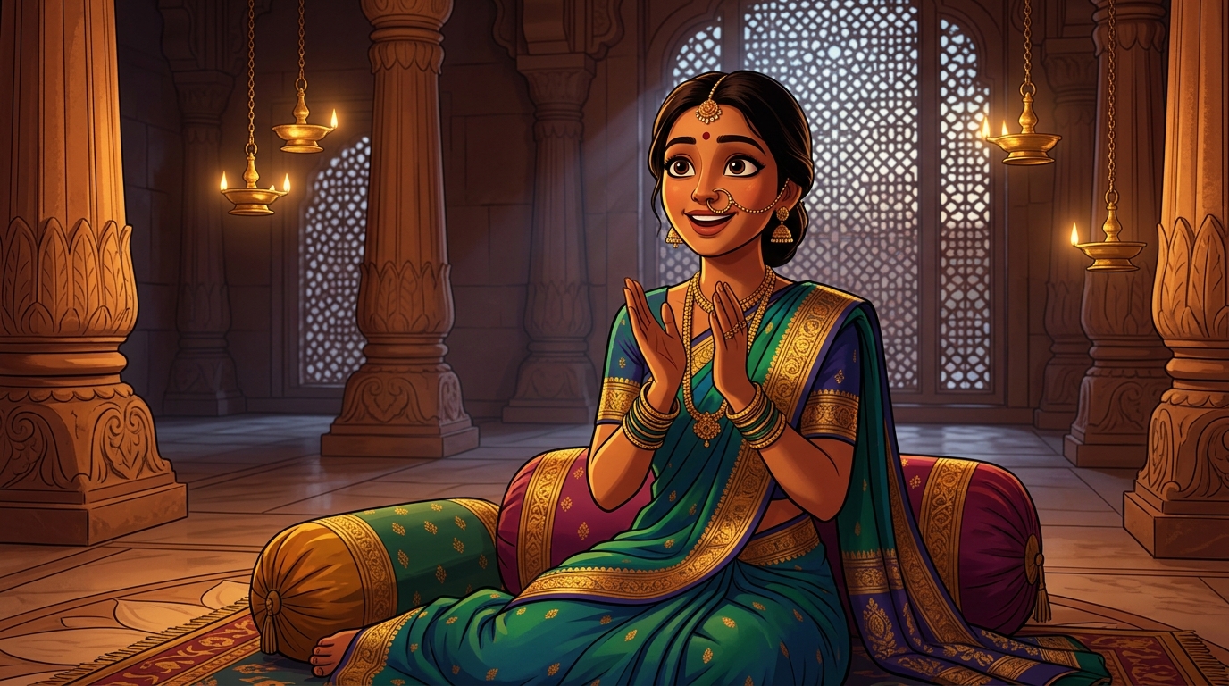 Prabhavati sitting on the silk cushions, clapping in wonder at the thief's self-destruction