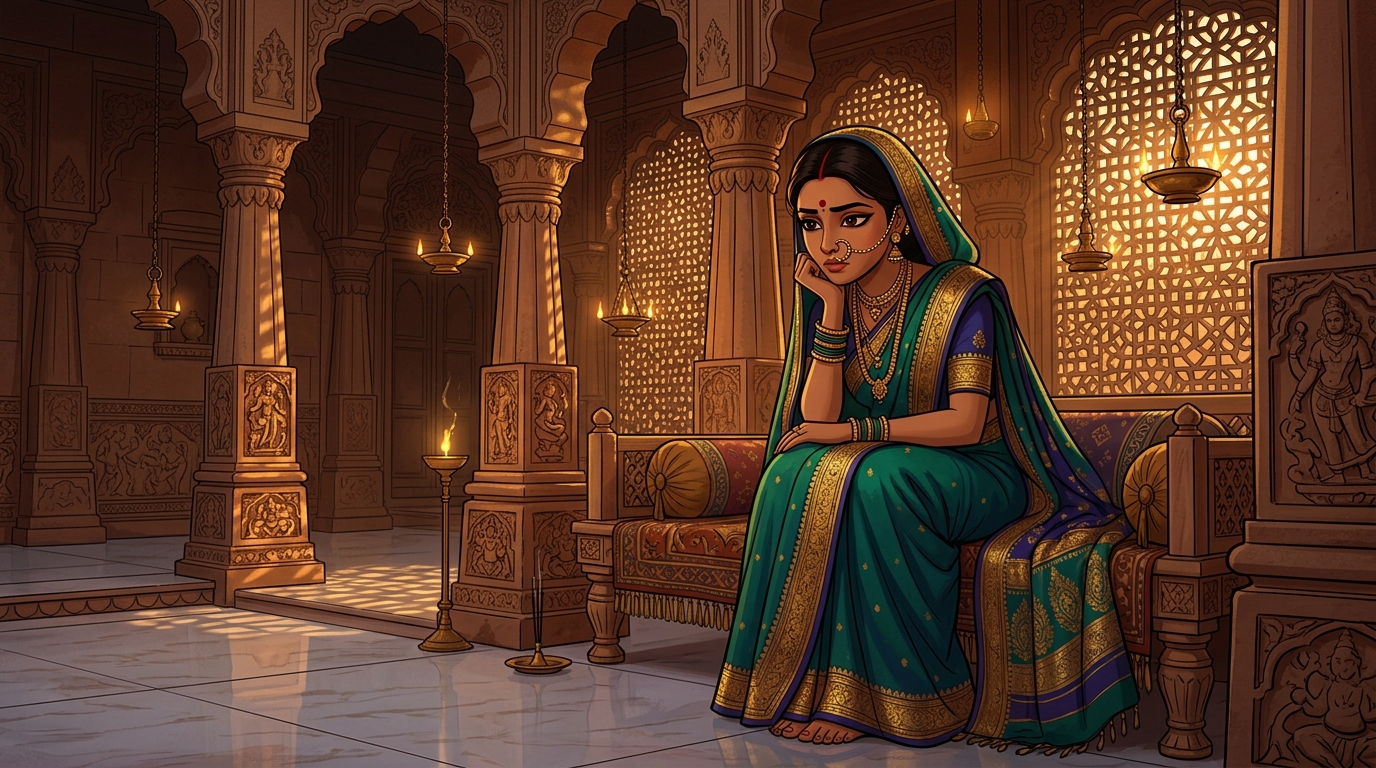 Prabhavati in deep philosophical contemplation, feeling the burden of secret transgressions