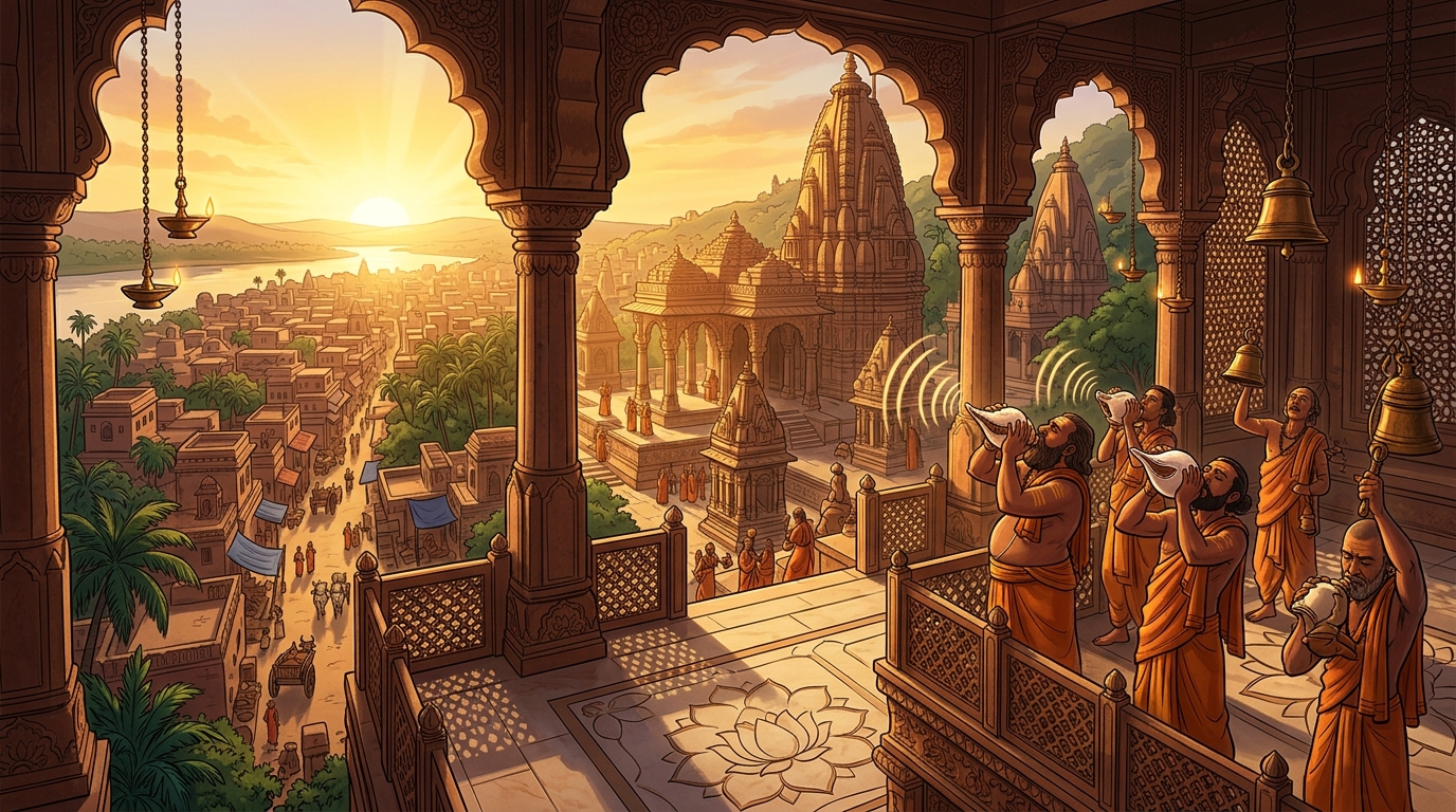 Golden dawn sunlight flooding across the sandstone arches as temple conches sound