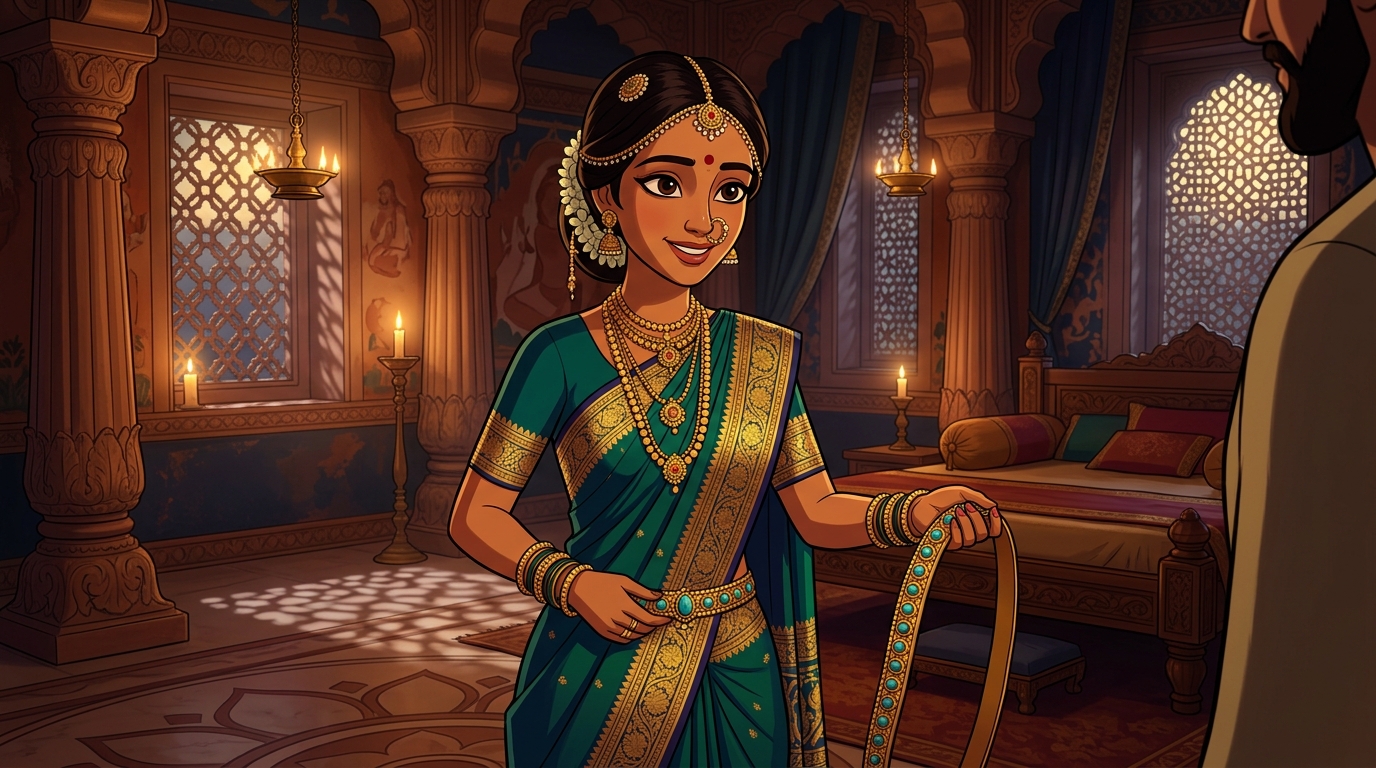 Prabhavati unclasps the turquoise waistband, hands it to Shuka with deep gratitude, retreating