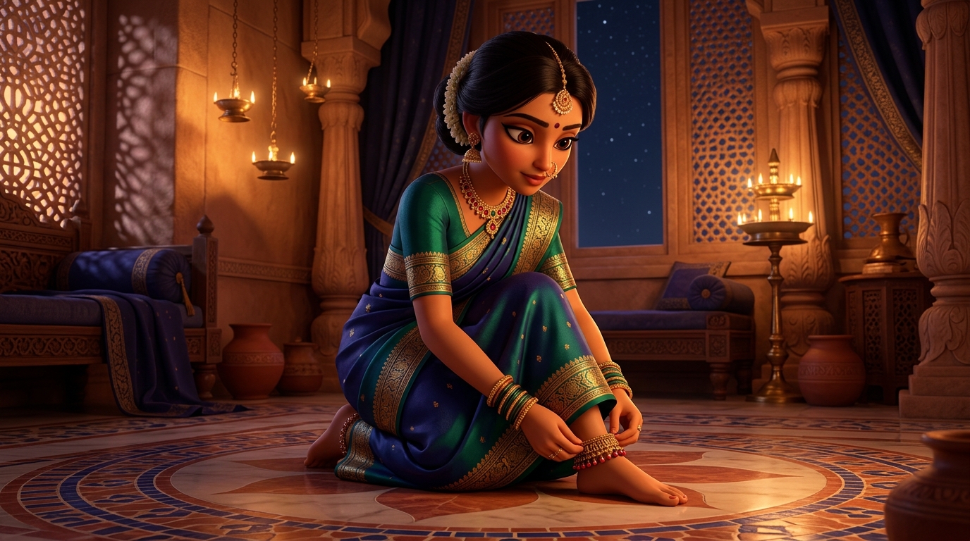 Prabhavati in royal indigo silk fastening the ruby anklet around her ankle by candlelight