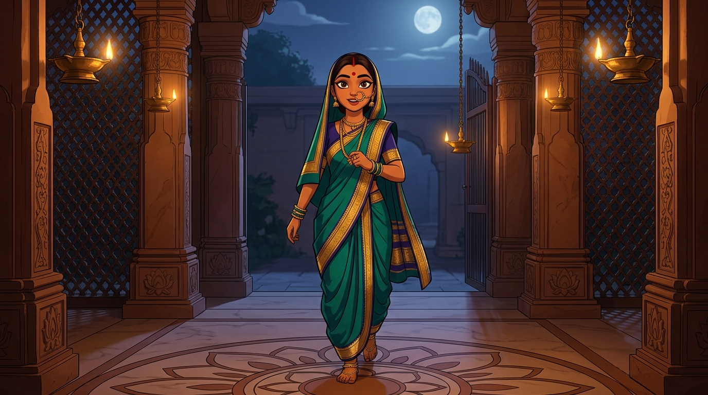 Prabhavati stepping toward the courtyard gate with swift, eager steps under the moonlit sky