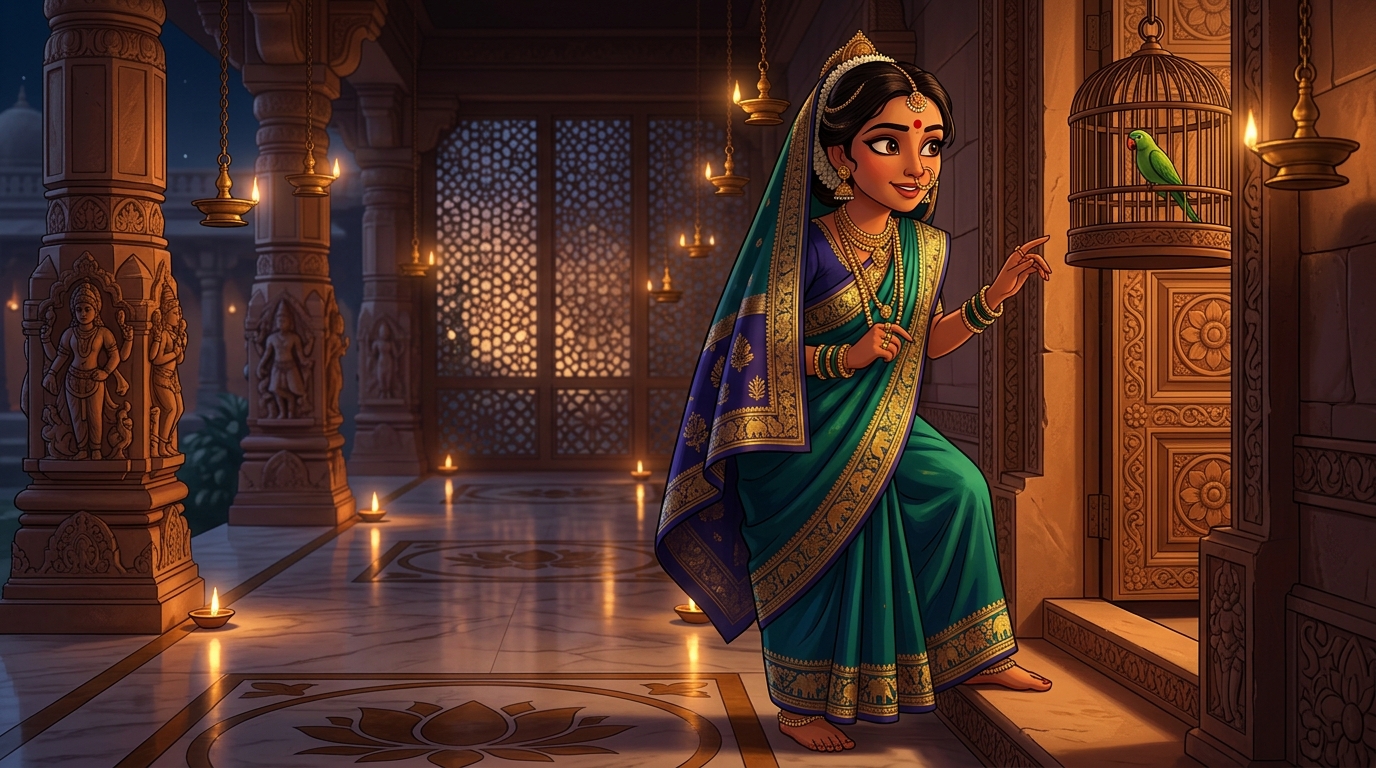 Prabhavati pausing on the doorstep with an amused smile