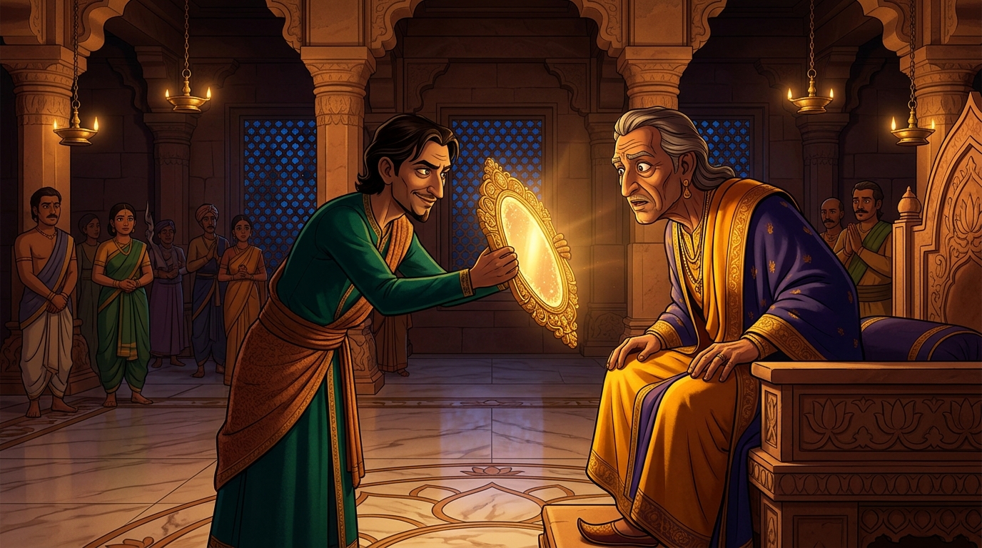In the opulent court of King Jayachandra, a sorcerer presents a Golden Mirror of Maya