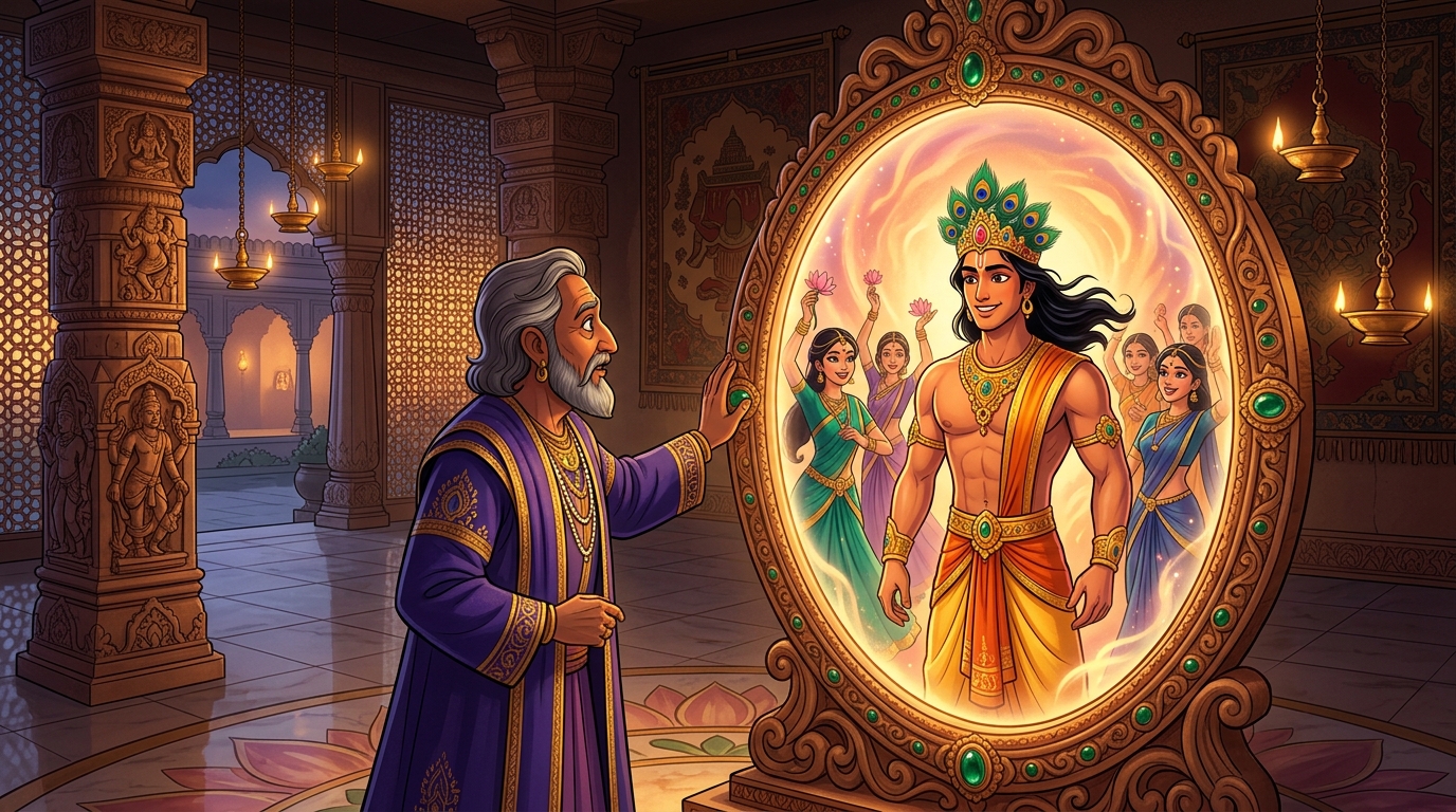 Looking into the magical mirror, the aging King sees himself as a youthful demigod