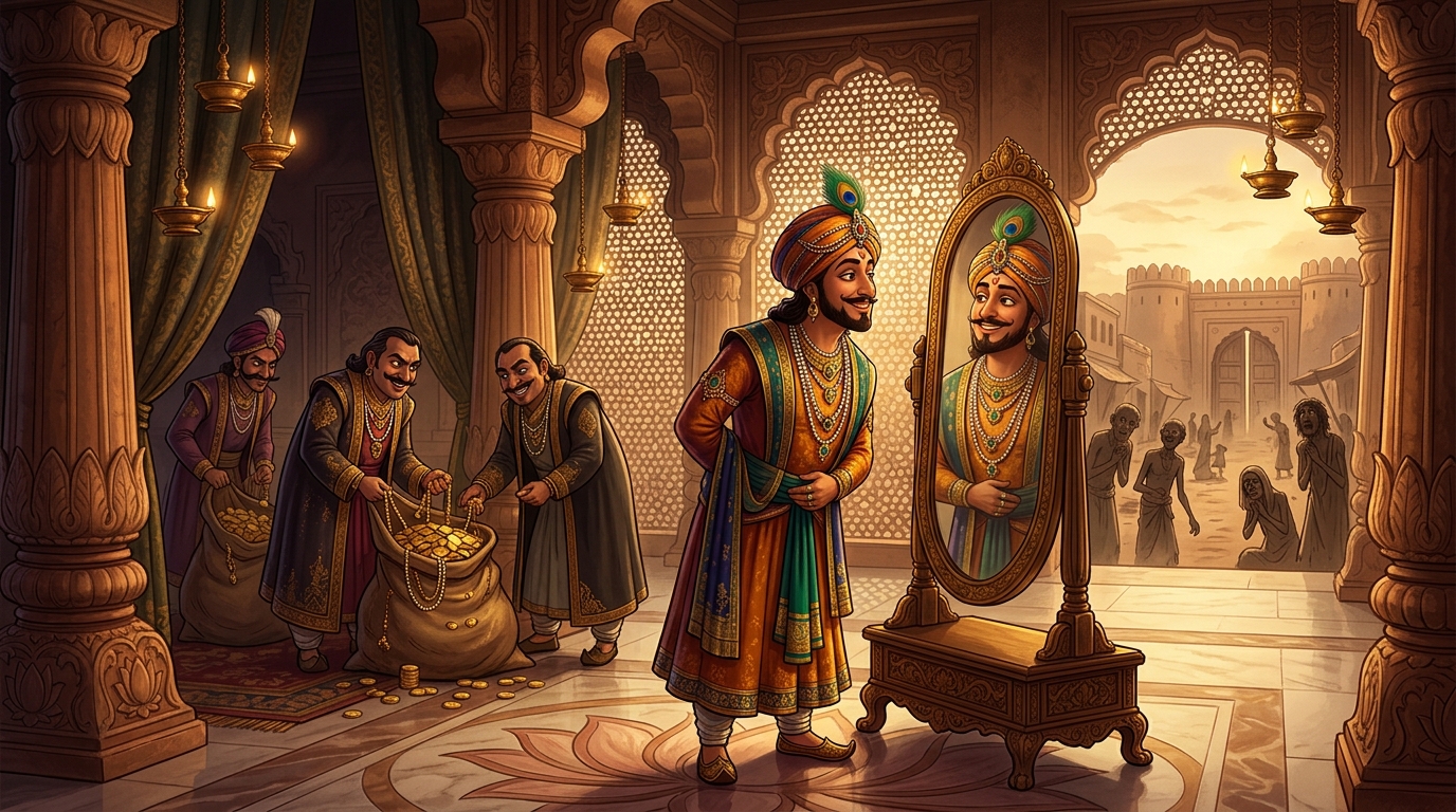 Enamored by the reflection, the King spends all day staring into the mirror while ministers loot