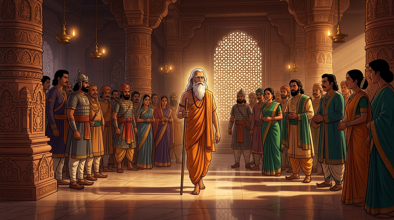 The venerable Blind Sage Dirghatamas walking with a staff enters the royal hall