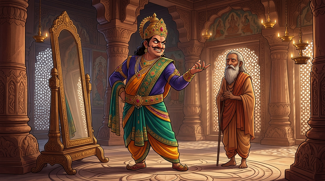 The vain King mocking the sage from his mirror about beauty