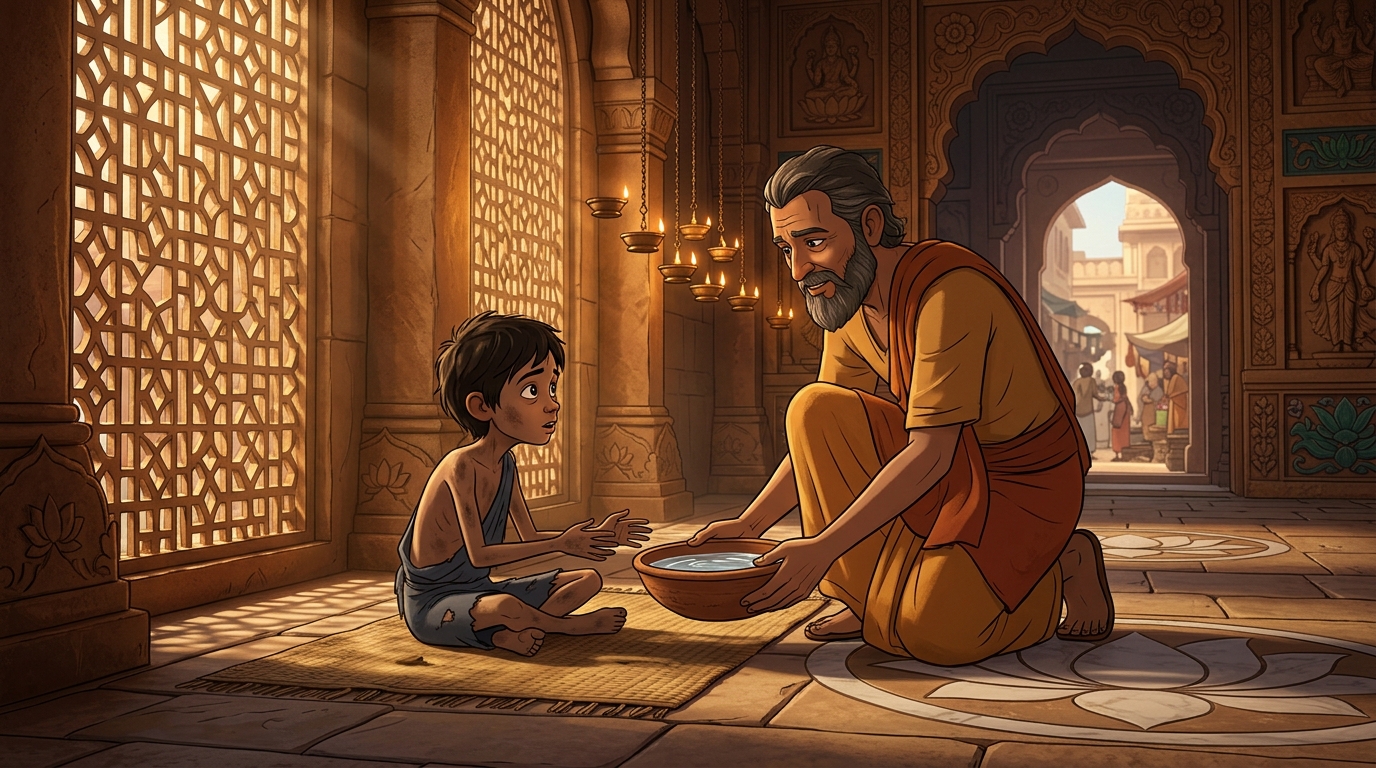 Dirghatamas bringing a simple earthen clay bowl filled with pure holy river water