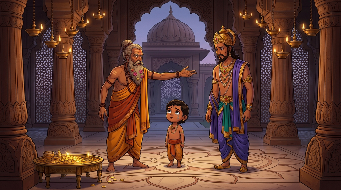 The sage commanding the King to look into the reflection of the child's tearful eyes