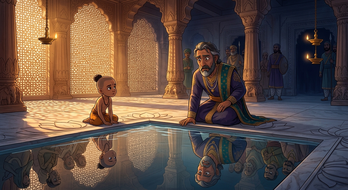 The King looking into the water, the spell of Maya instantly shattering