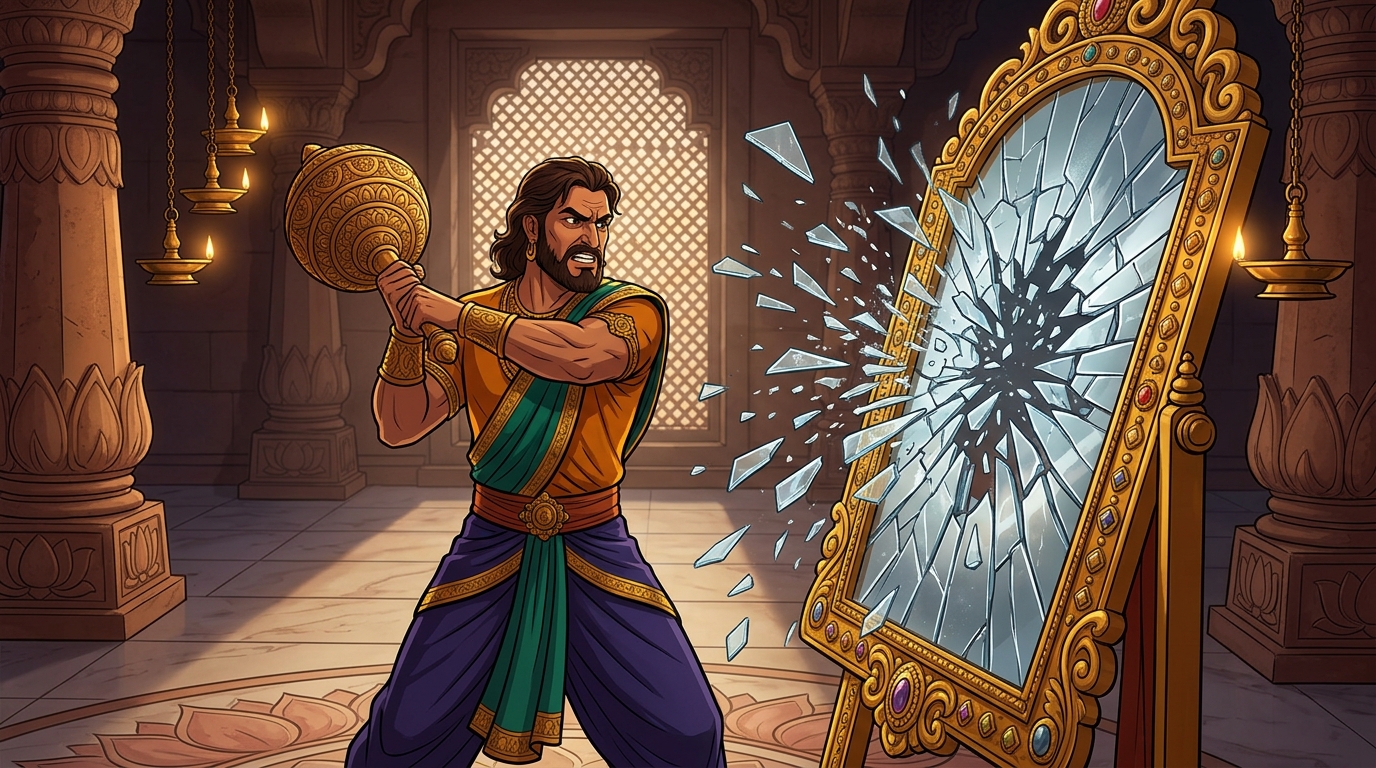 King Jayachandra striking the false golden mirror with his royal mace, shattering it