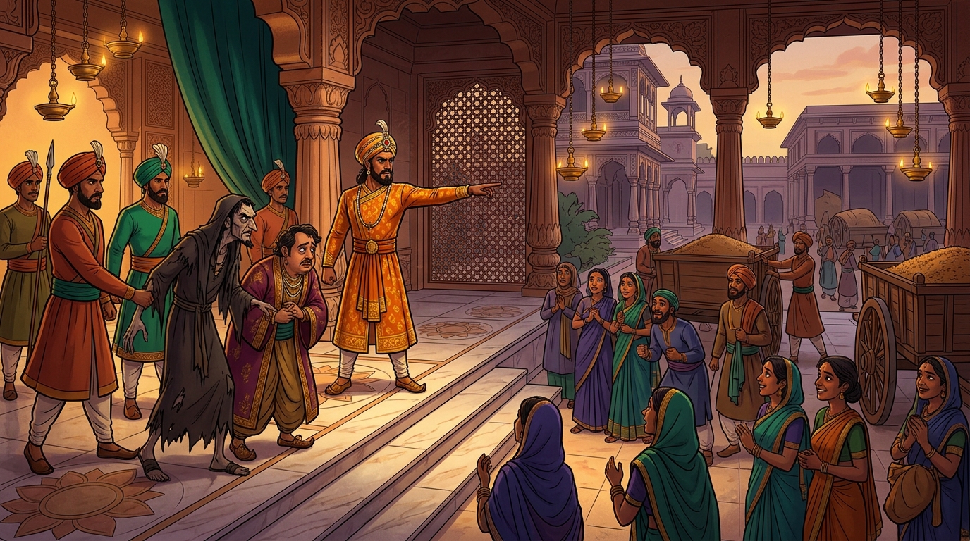 The King banishing the corrupt flatterers and opening the royal granaries for the starving