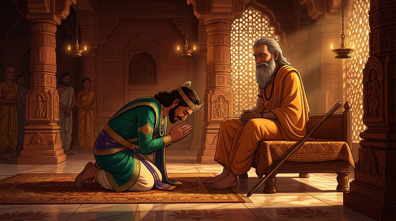 King Jayachandra bowing humbly at the feet of the Blind Sage Dirghatamas