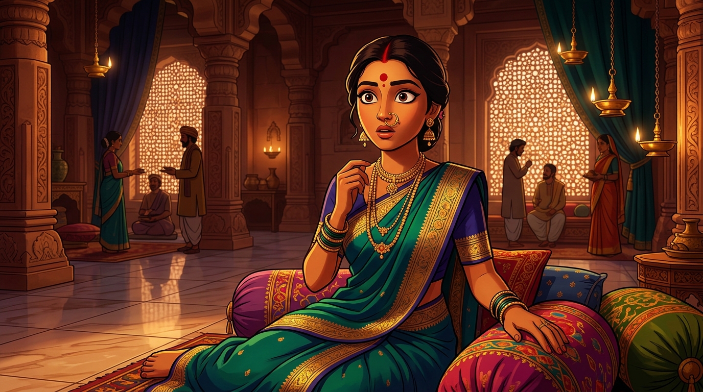 Prabhavati sitting on the bolsters, realizing the danger of flattering illusions