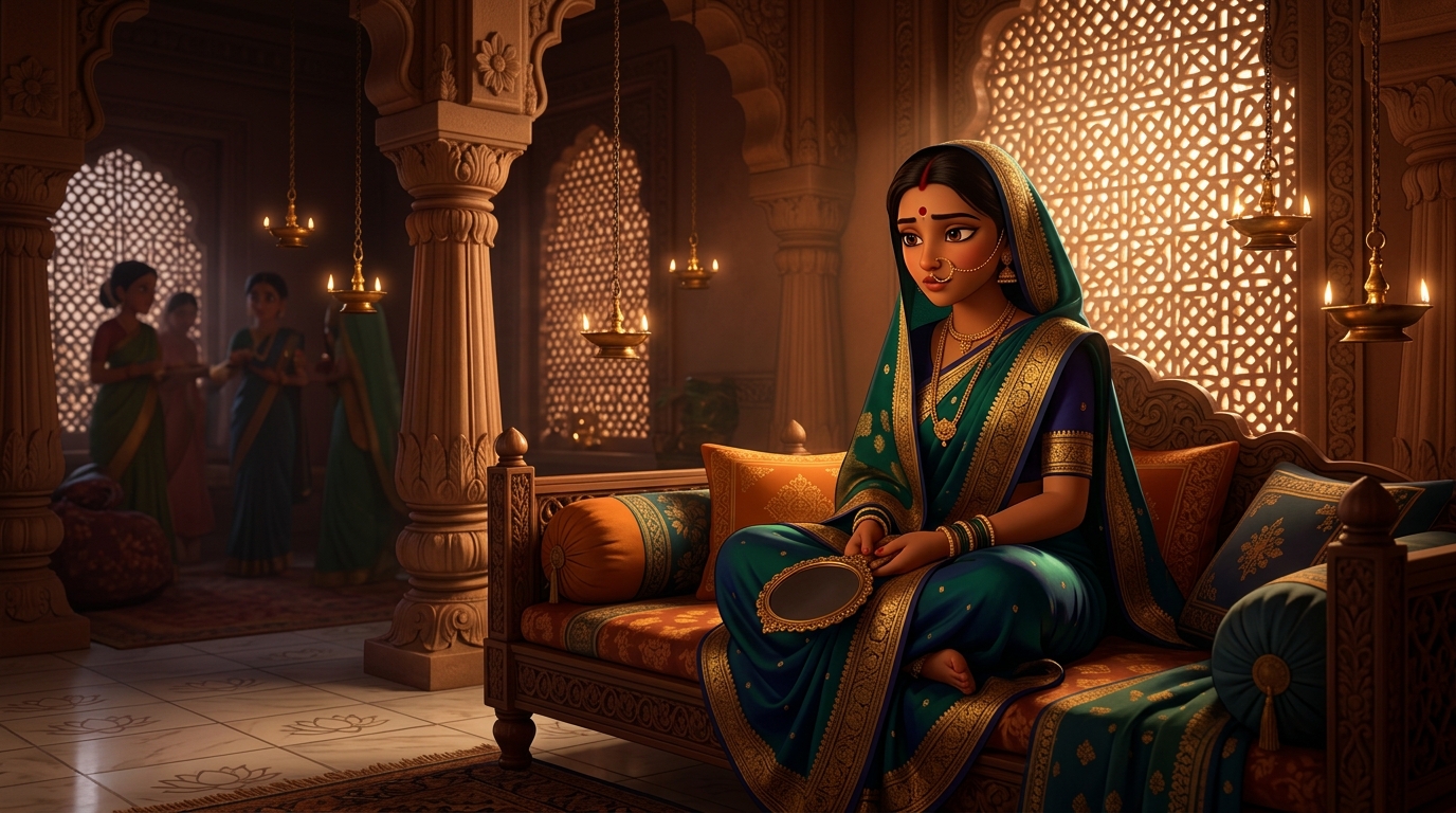 Prabhavati in deep introspection, realizing that the prince's flattery is an empty mirror