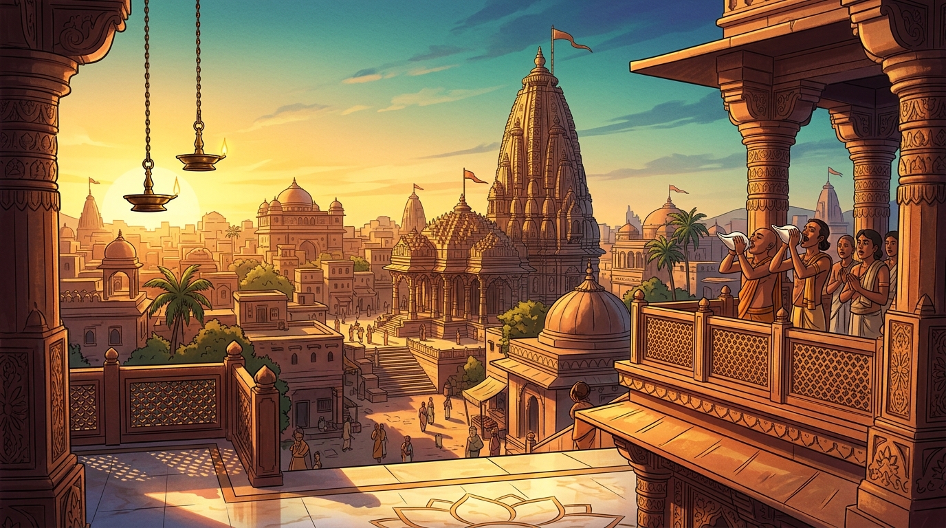 Golden dawn sunlight flooding across the Chandravati skyline as temple conches sound