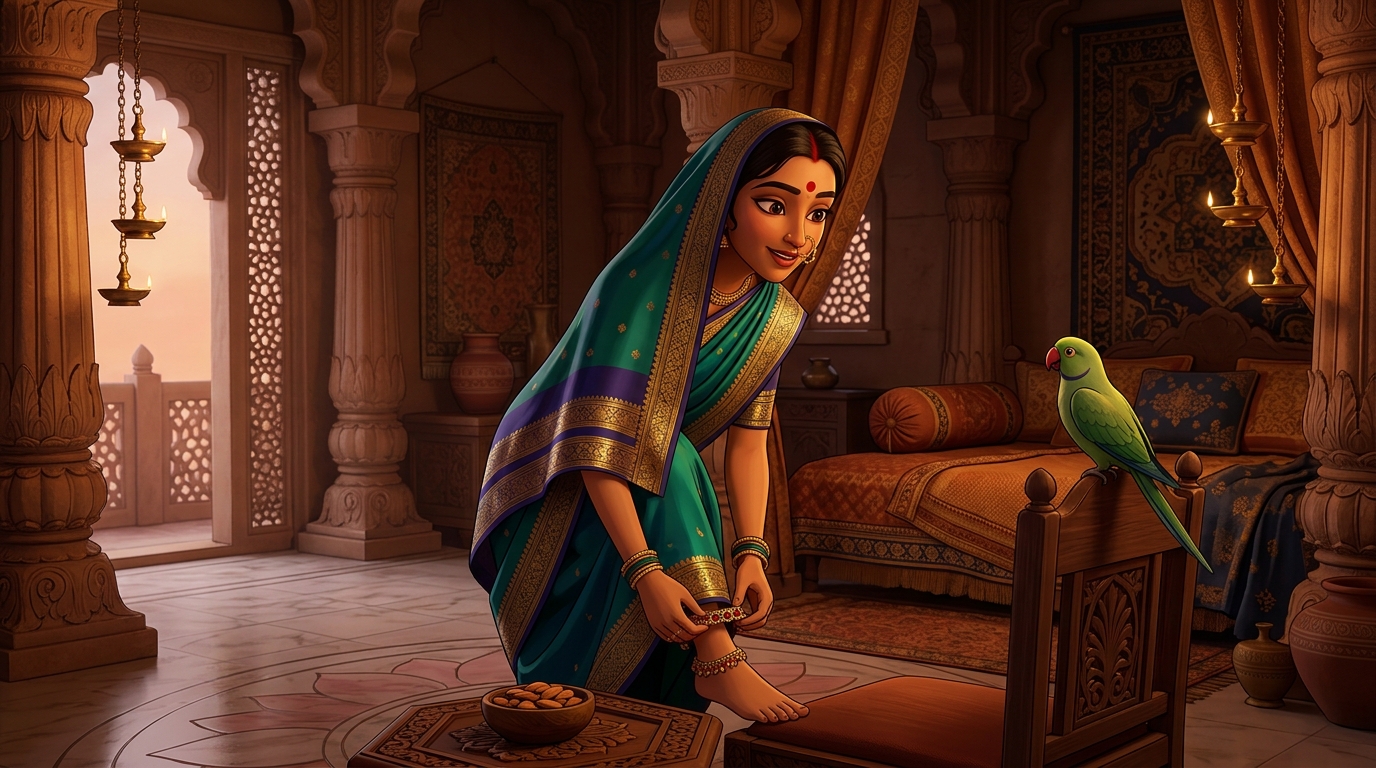 Prabhavati removing the ruby anklet, giving Shuka sweet almonds with deep gratitude, retreating