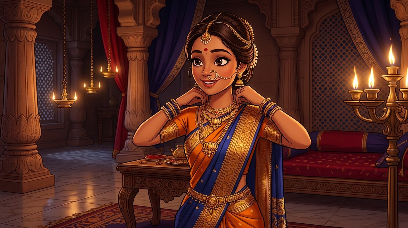 Prabhavati in golden-yellow and sapphire silk fastening the lotus necklace by candlelight