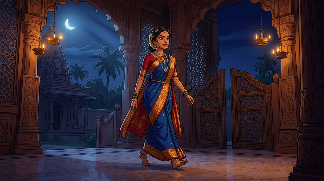 Prabhavati walking toward the courtyard gate with swift, confident steps under the moonlit sky