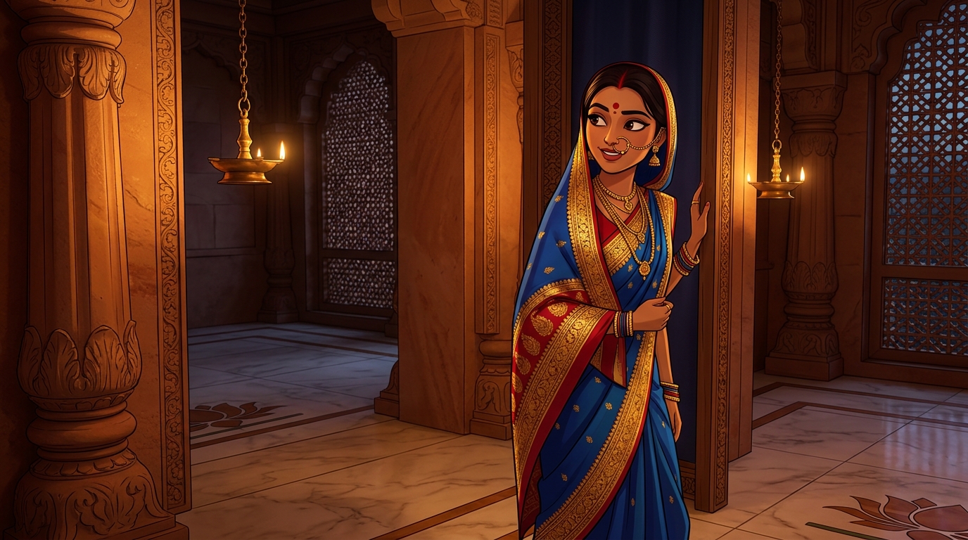 Prabhavati pausing on the doorstep with an amused smile