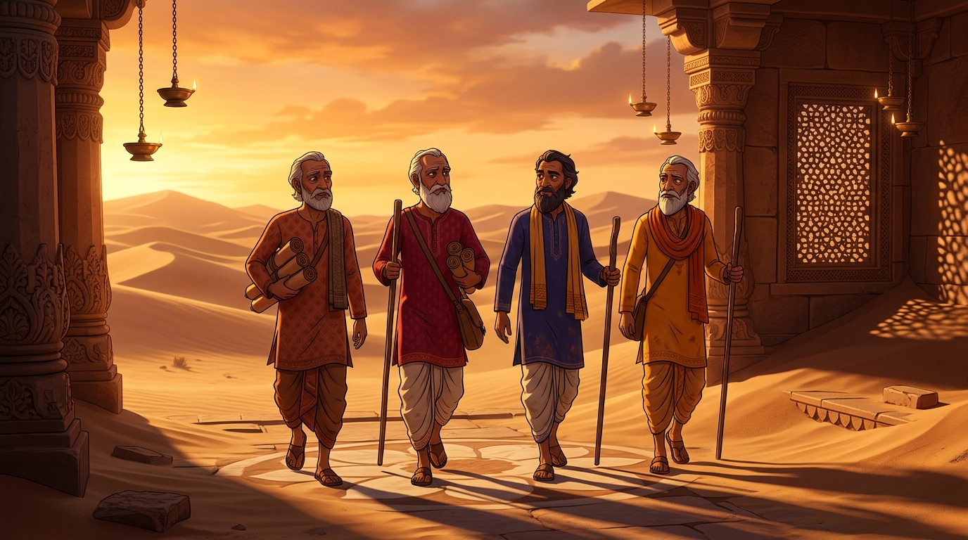 On a vast desert highway of ancient Rajasthan with sand dunes, four wise scholar-brothers walking