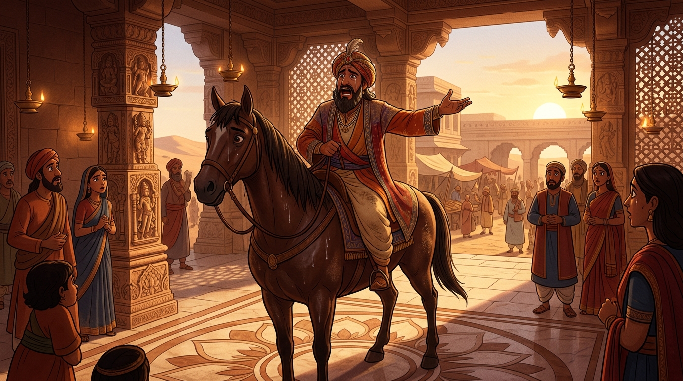 A wealthy desert merchant riding in tears, crying that his prized laden camel has vanished