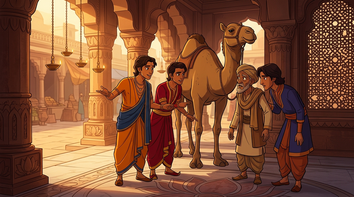 Brother 1 asks if the camel is blind in right eye, Brother 2 asks if lame in left leg, Brother 3 asks about missing tooth