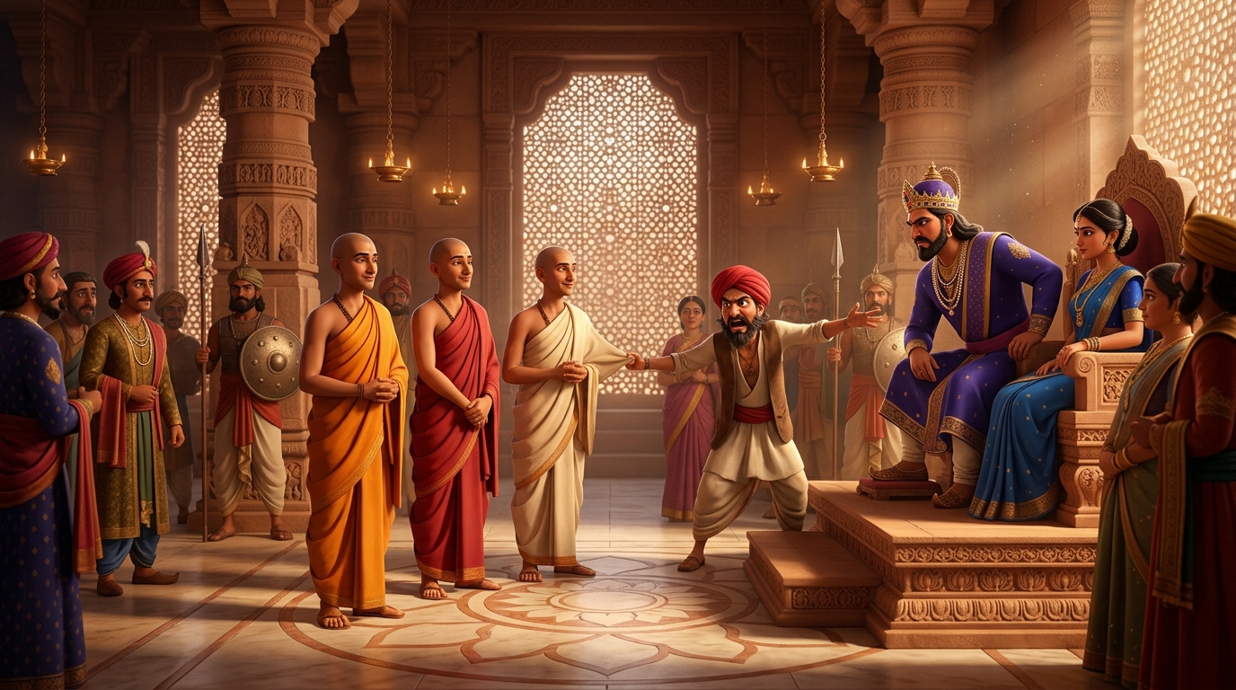 In the royal court, the furious merchant drags the four calm scholars before King Virasena