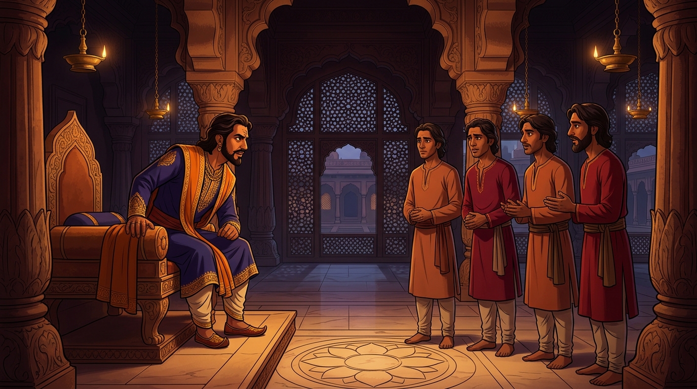 King Virasena questioning the four brothers about their knowledge of the unseen camel