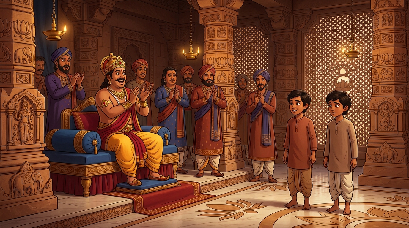 King Virasena and ministers bursting into thunderous applause at their scientific deduction