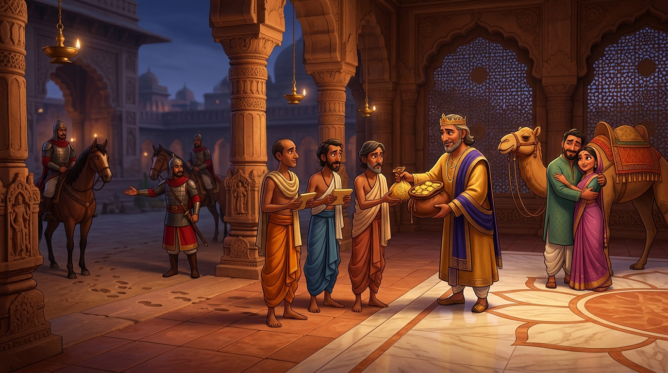 The King rewarding the scholars with 1,000 gold dinars, royal cavalry tracking the camel safely