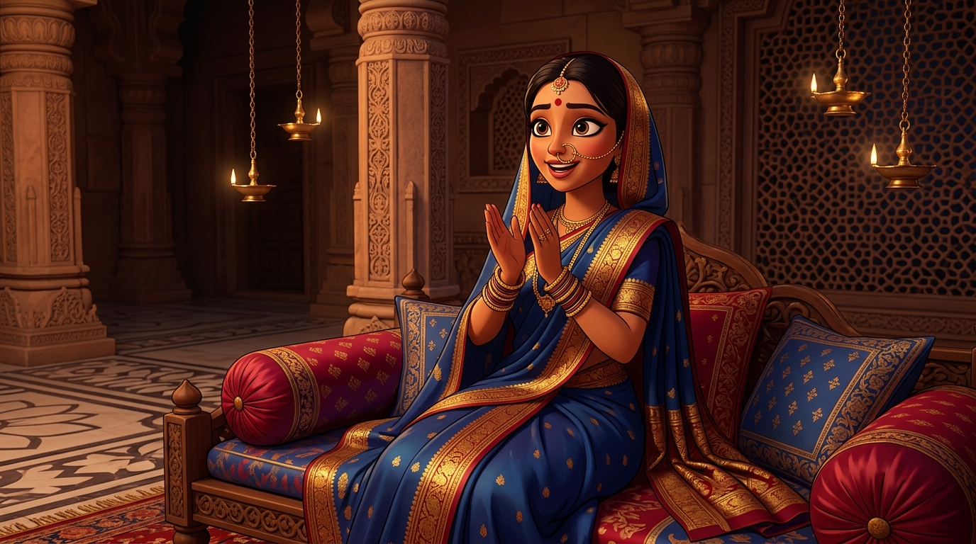 Prabhavati sitting on the silk cushions, clapping in wonder at the power of observation