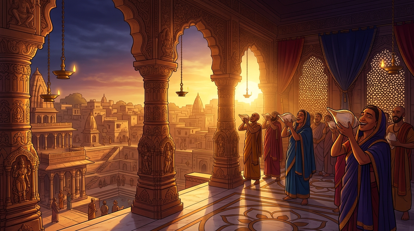 Golden dawn sunlight flooding across the sandstone arches as temple conches sound