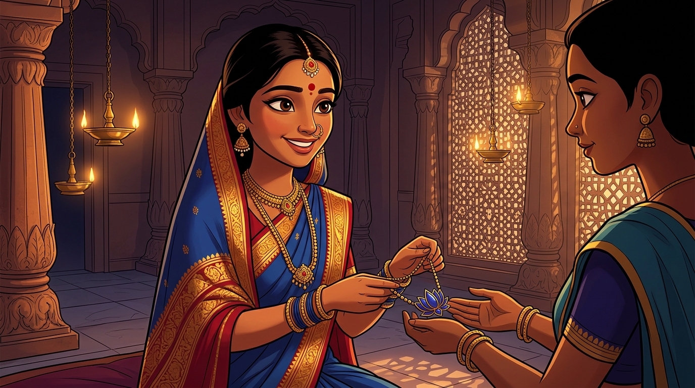Prabhavati unclasps the sapphire lotus necklace, hands it to Shuka with deep gratitude, retreating