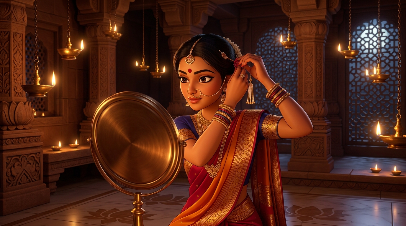 Prabhavati in crimson and saffron silk pinning the diamond tassel hairpin by candlelight