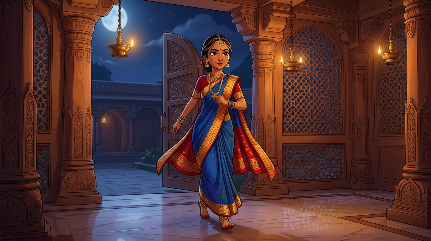 Prabhavati stepping toward the courtyard gate with swift, confident steps under the moonlit sky
